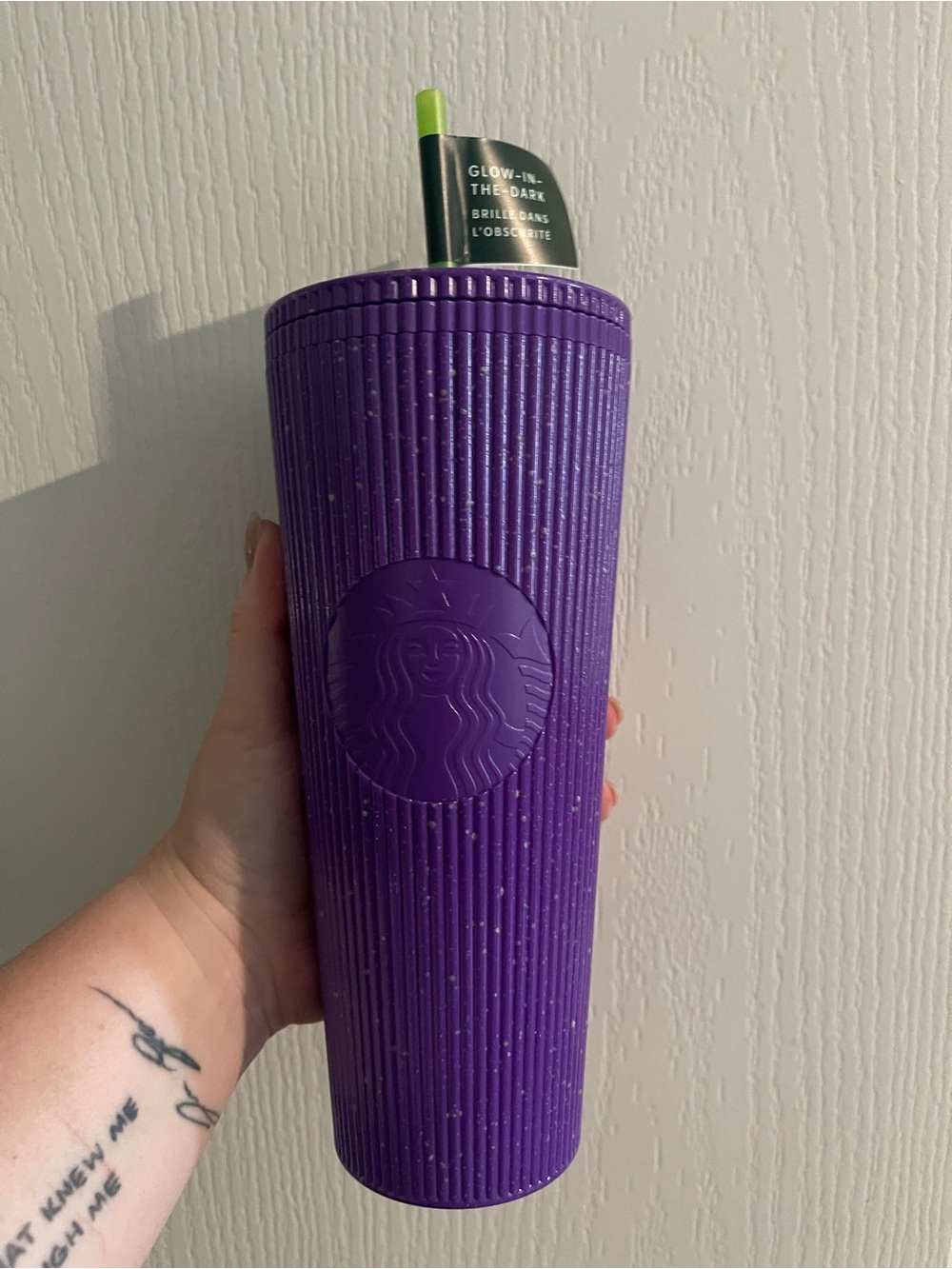 Starbucks Purple Ribbed Tumbler with Neon Green Straw